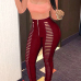  Sexy High Waist Hollow-out Wine Red Polyester Pants