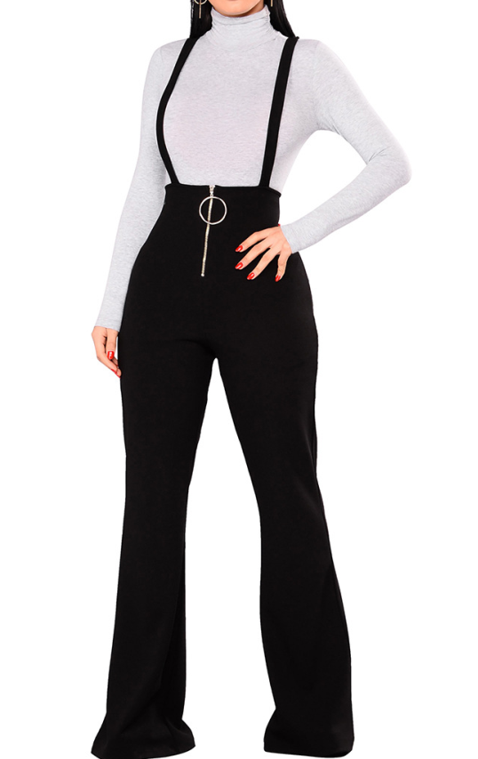  Sexy High Waist Zipper Design Black Polyester Suspender Pants