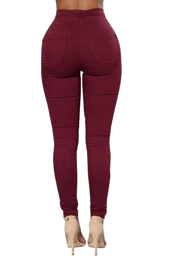  Stylish Mid Waist Wine Red Cotton Blends Pants