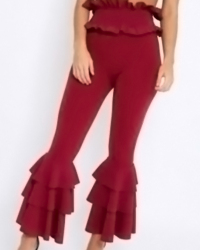  Trendy High Waist Falbala Design Wine Red Polyester Pants