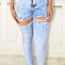 Casual Broken Holes Button Fly Design Blue Cotton Blend Skinny Pants