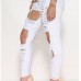 Casual Broken Holes Design Button Fly Design Solid White Blending Mid Regular Pants