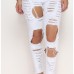 Casual Broken Holes Design Button Fly Design Solid White Blending Mid Regular Pants