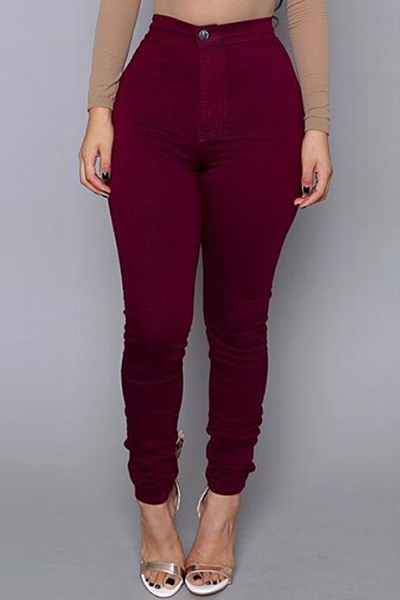 Casual Mid Waist Zipper Design Wine Red Cotton Blend Skinny Pants