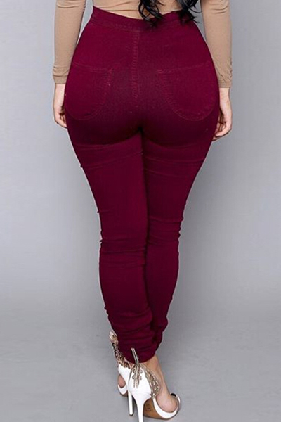 Casual Mid Waist Zipper Design Wine Red Cotton Blend Skinny Pants