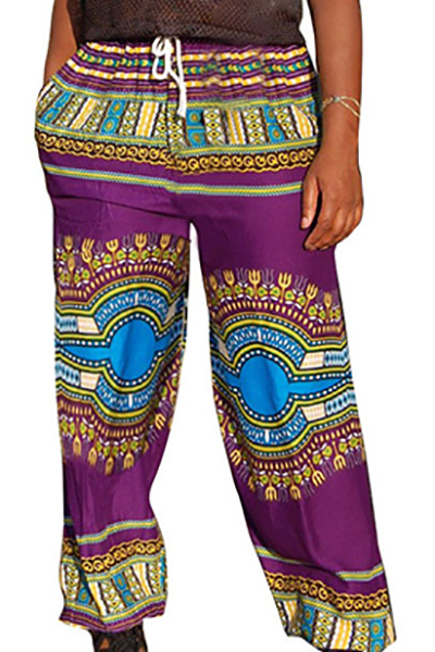 Ethnic Style Elastic Waist Printed Purple Qmilch Pants