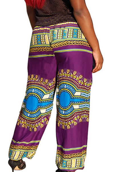 Ethnic Style Elastic Waist Printed Purple Qmilch Pants