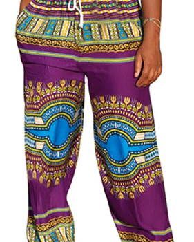 Ethnic Style Elastic Waist Printed Purple Qmilch Pants