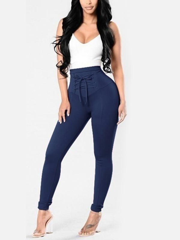 Euramerican High Waist Lace-up Blue Polyester Pants