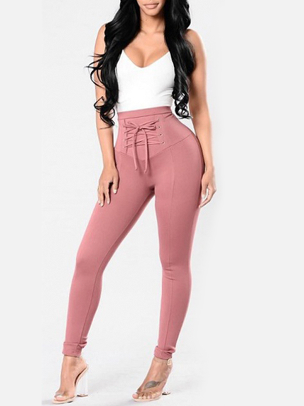 Euramerican High Waist Lace-up Pink Polyester Pants