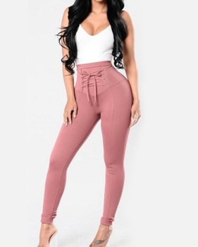 Euramerican High Waist Lace-up Pink Polyester Pants