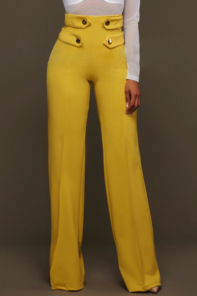 Euramerican High Waist Zipper Design Yellow Polyester Pants