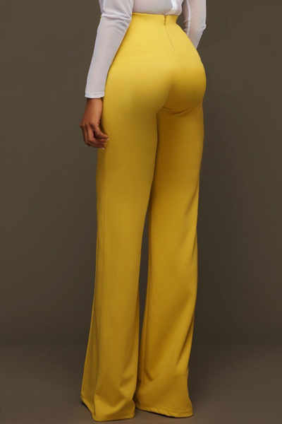 Euramerican High Waist Zipper Design Yellow Polyester Pants