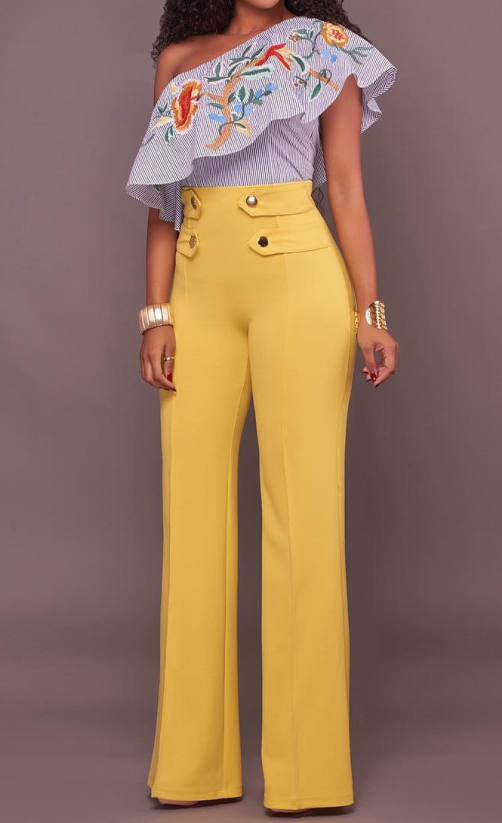 Euramerican High Waist Zipper Design Yellow Polyester Pants