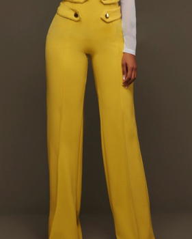 Euramerican High Waist Zipper Design Yellow Polyester Pants