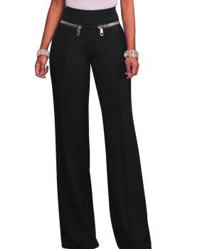 Fashion High Waist Black Cotton Blends Pants