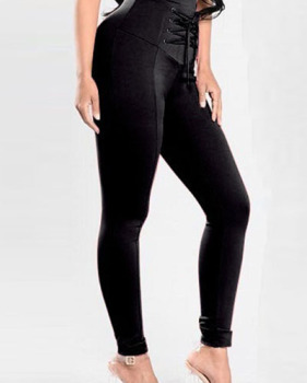 Fashion High Waist Lace-up Black Polyester Skinny Pants