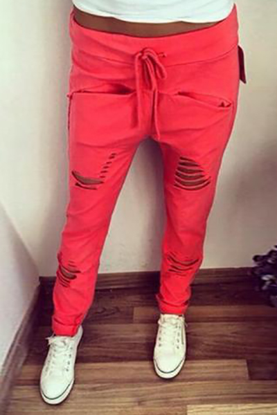 Fashion Hollow-desgin Solid Red Polyester Drawstring Mid Pants