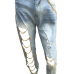 Fashion Mid Waist Broken Holes Light Blue Denim Pants