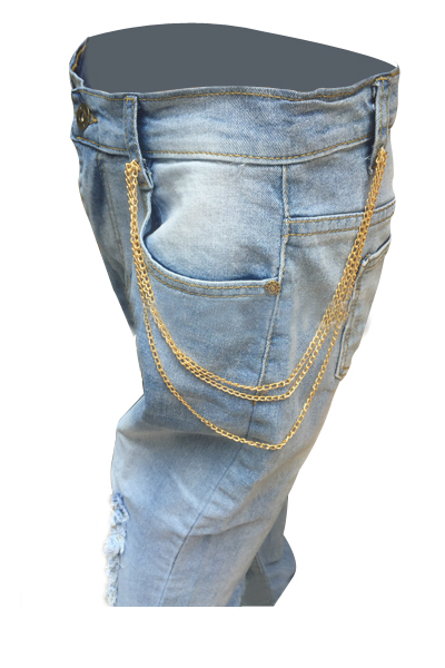 Fashion Mid Waist Broken Holes Light Blue Denim Pants