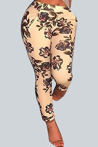 Stylish Elastic Waist Floral Print Polyester Skinny Pants