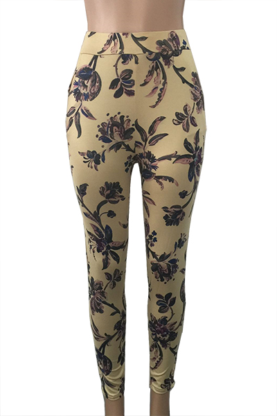 Stylish Elastic Waist Floral Print Polyester Skinny Pants