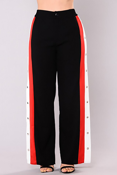 Stylish Elastic Waist Patchwork Black Polyester Pants