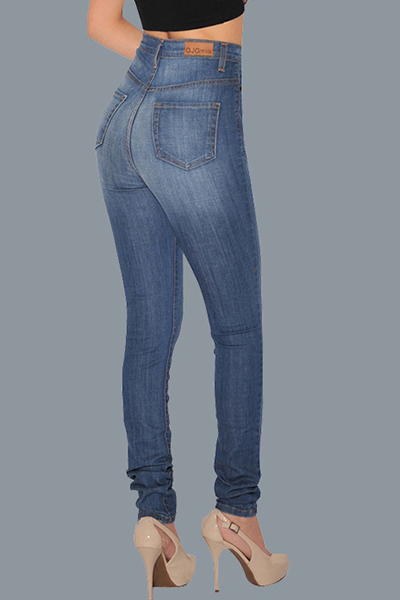 Stylish High Waist Blue Cotton Skinny Pants