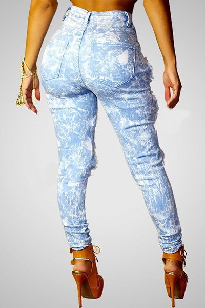 Stylish High Waist Broken Holes Blue Denim Pants