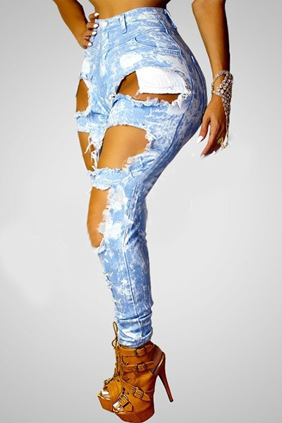 Stylish High Waist Broken Holes Blue Denim Pants