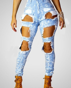 Stylish High Waist Broken Holes Blue Denim Pants