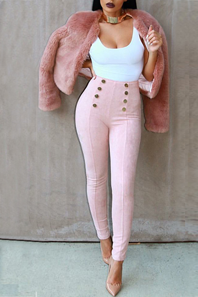 Stylish High Waist Double-breasted Decorative Pink Cotton Skinny Pants