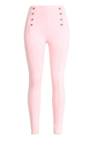 Stylish High Waist Double-breasted Decorative Pink Cotton Skinny Pants