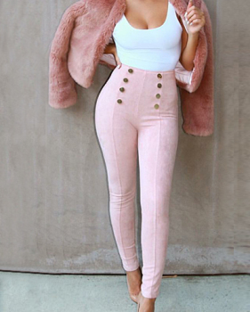 Stylish High Waist Double-breasted Decorative Pink Cotton Skinny Pants