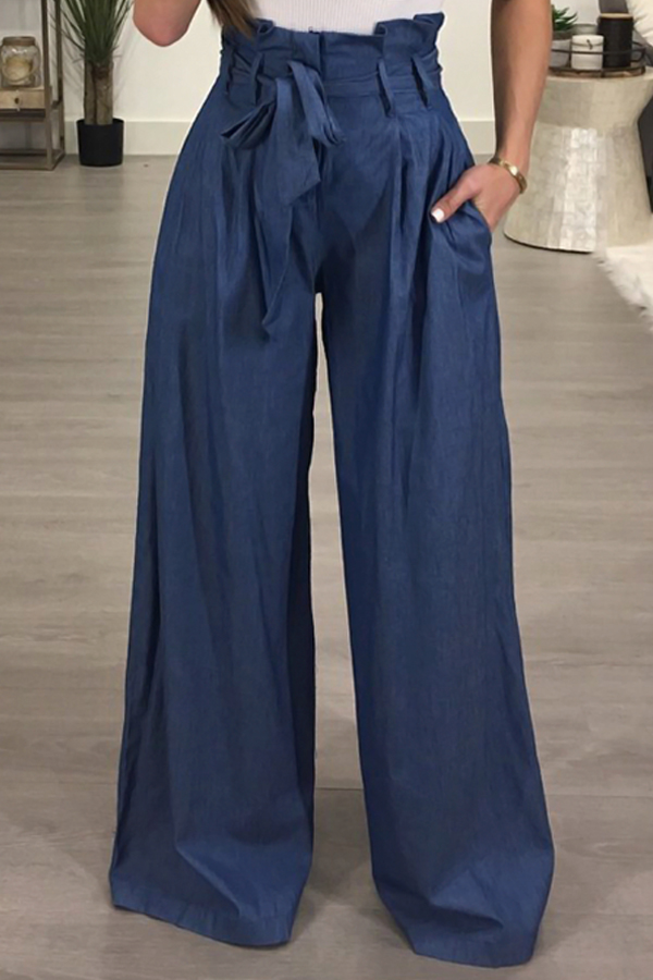 Stylish High Waist Drawstring Ligh Blue Cotton Pants