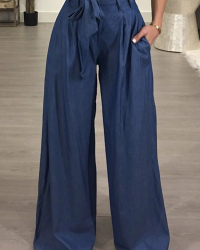 Stylish High Waist Drawstring Ligh Blue Cotton Pants