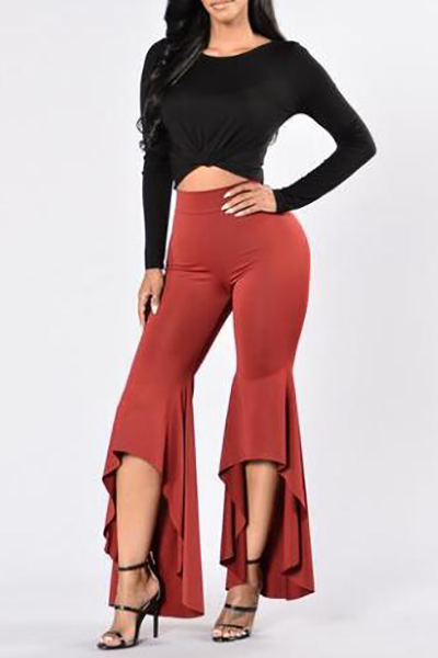 Stylish High Waist Trumpet Shaped Design Red Polyester Boot Pants