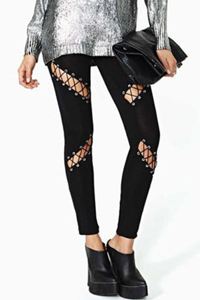 Stylish Mid Waist Hollow-out Black Milk Fiber Pants