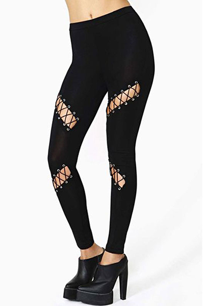 Stylish Mid Waist Hollow-out Black Milk Fiber Pants