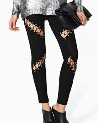 Stylish Mid Waist Hollow-out Black Milk Fiber Pants