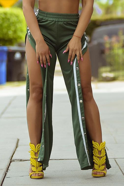 Stylish Rivet Design Green Polyester Loose Pants