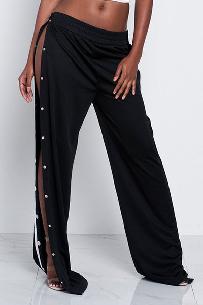 Trendy Elastic Waist High Split Black Qmilch Pants