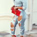 Trendy High Waist Broken Holes Blue Denim Pants (Without Belt)