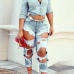 Trendy High Waist Broken Holes Blue Denim Pants (Without Belt)