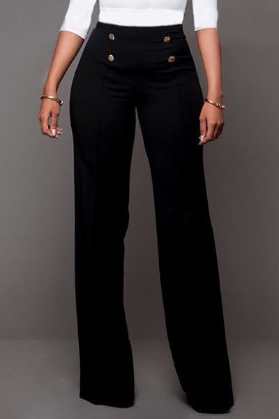 Trendy High Waist Double-breasted Decorative Black Polyester Pants