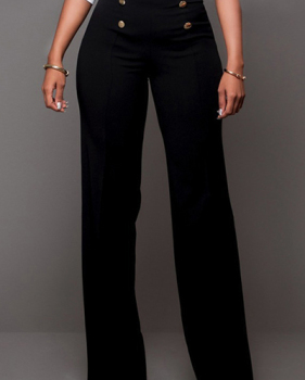 Trendy High Waist Double-breasted Decorative Black Polyester Pants