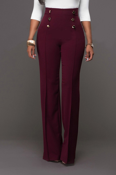 Trendy High Waist Double-breasted Decorative Wine Red Polyester Pants