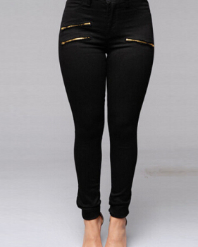 Trendy Mid Waist Zippered Decoration Black Denim Skinny Pants