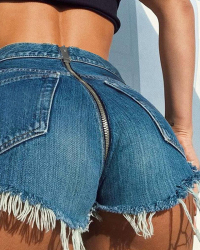  Trendy Mid Waist Worn Out Design Dark Blue Denim Zipped Shorts