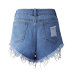 Tassel Euramerican High Waist Broken Holes Asymmetrical Blue Cotton Blends Shorts